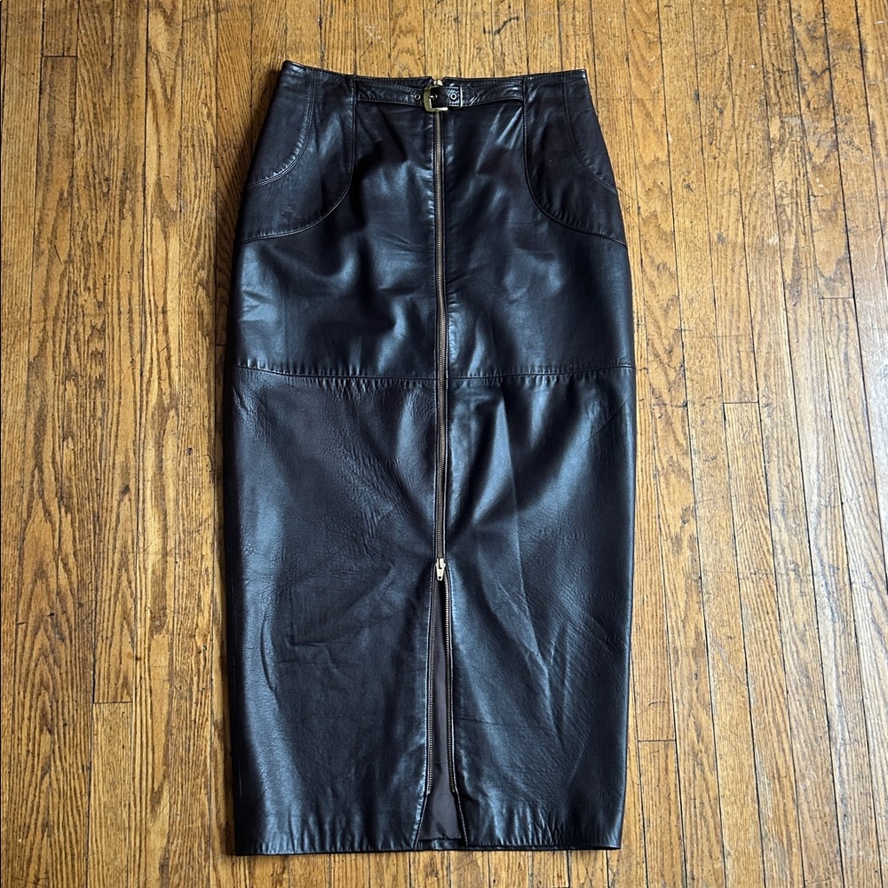 Vintage Brown Leather Skirt with Belt - Picture 2 of 7